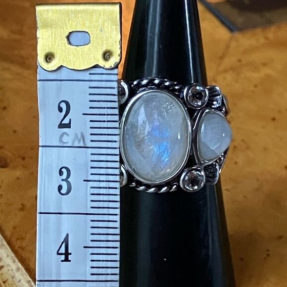 Natural Rainbow Moonstone White Topaz Sterling Silver Cocktail Ring Size 7 - Picture 7 of 9